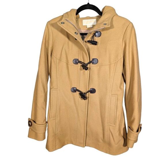 Michael Kors Women’s Tan Brown Wool Peacoat Toggle Zip Up Hooded Coat Women's Si - Picture 1 of 6